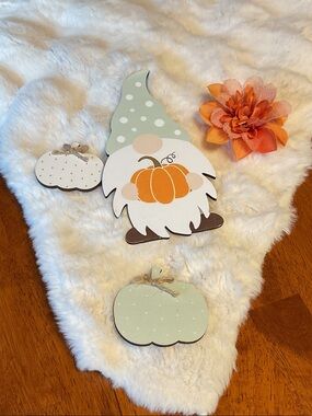 Handcrafted Autumn Gnome Pumpkin Wall Accent - Sage and Orange